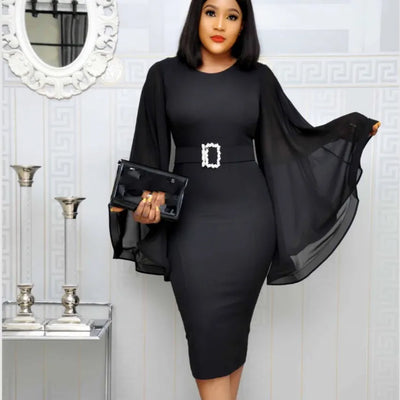 Black Elegant Party Dress | Fashion Chiffon Flare Long Sleeve | Sexy Bodycon